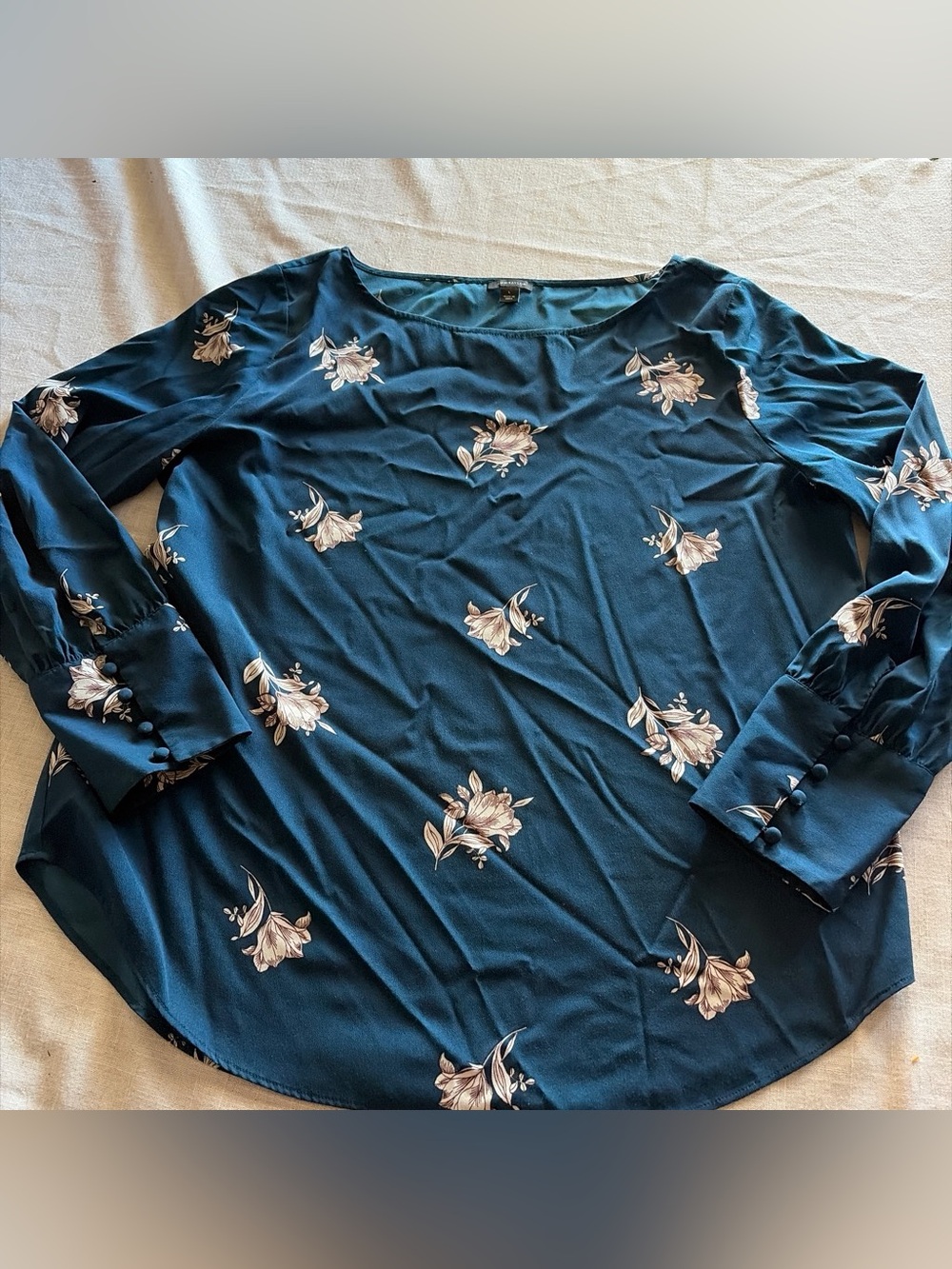 0078-Ann Taylor Teal Floral Long-Sleeve Blouse